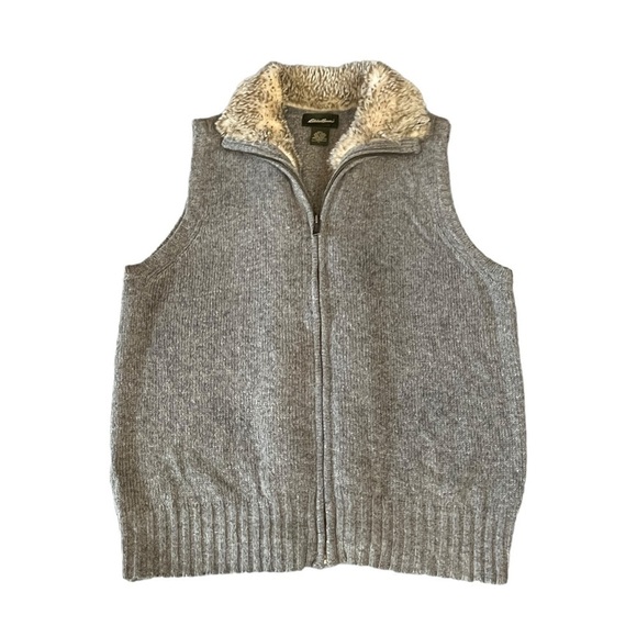 Eddie Bauer Women Knit Sweater Vest Wool Alpaca Blend Faux Fur Grey Size L #1200 - Picture 2 of 6